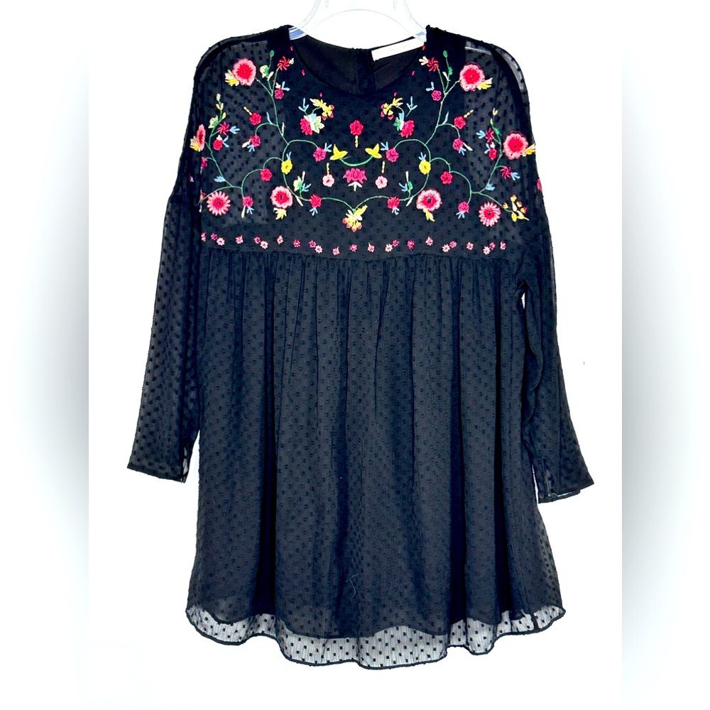 Zara Trafalic Collection Black Embroidered Swiss Dot‎ Dress Fairycore Boho Sz S